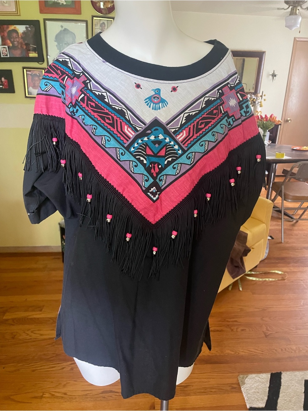 Hazelwood Southwest Black Fringe Tribal-Print Women's Top with Bead Accents